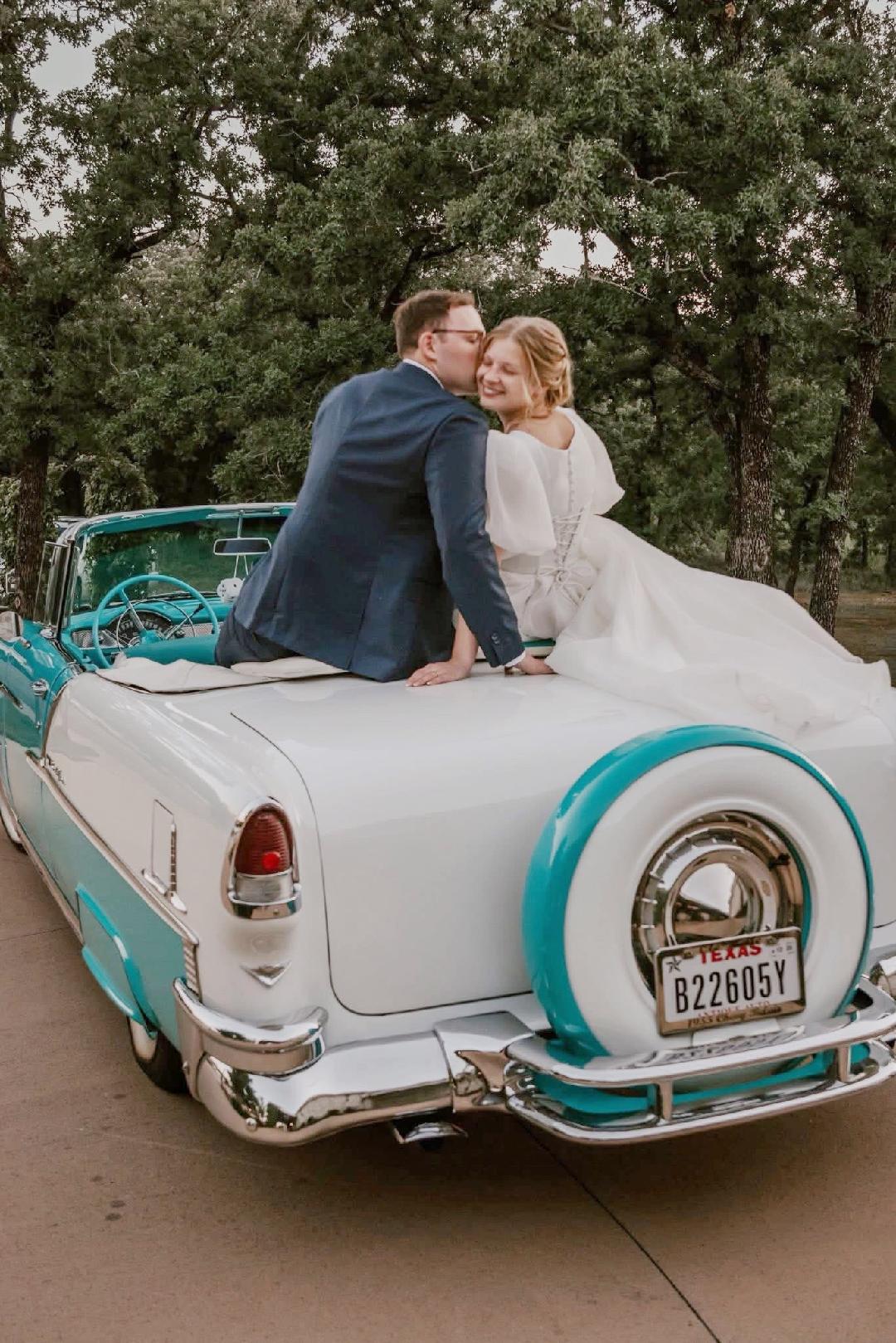 Newlywed couple sharing a quiet moment on the back of Ole' Belle