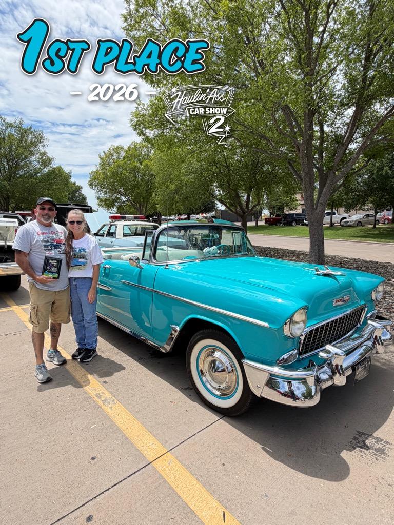 Ken and his wife celebrating Ole' Belle's first-place award at the 2026 Haulin' Ass Car Show
