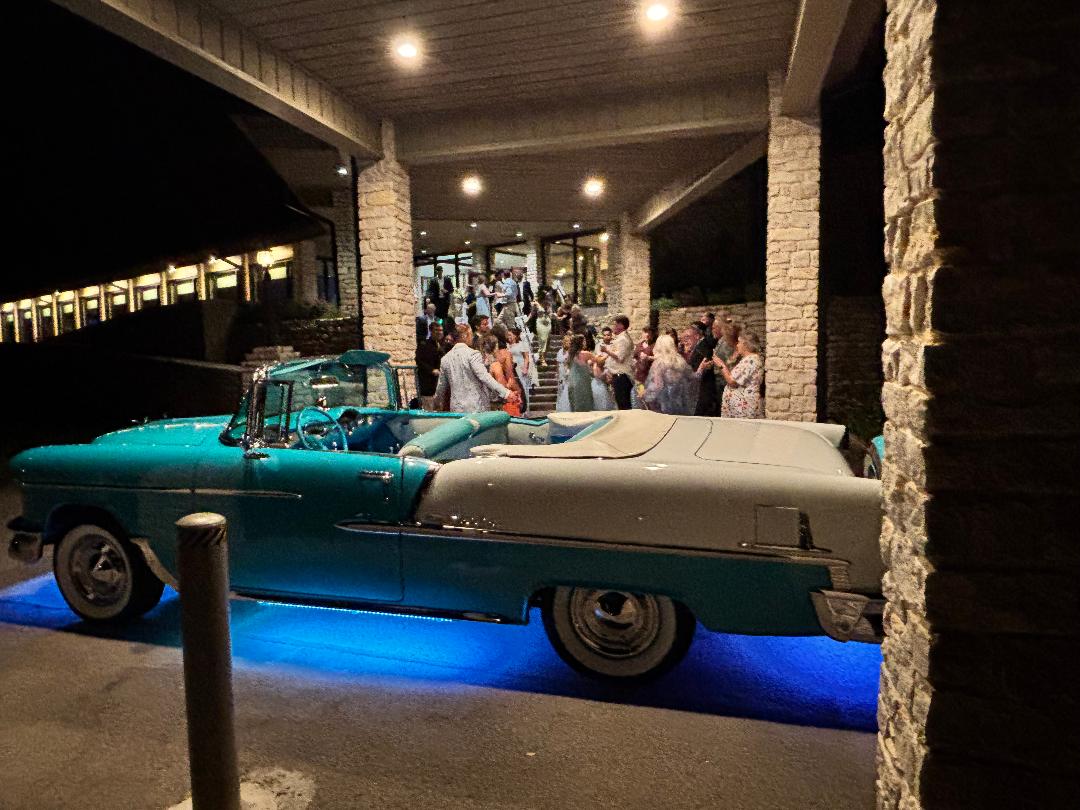 Ole' Belle waiting beneath the venue entrance with wedding guests gathered behind her